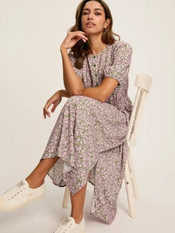 Joules Adele Green & Pink Floral Button Down Midi Dress with Slit Green&Pink
