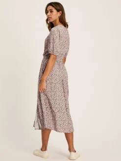 Joules Adele Green & Pink Floral Button Down Midi Dress with Slit Green&Pink