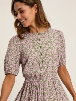 Joules Adele Green & Pink Floral Button Down Midi Dress with Slit Green&Pink