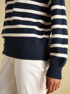 Hot Joules Agnes Striped Button Neck Jumper Navy