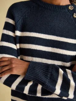 Hot Joules Agnes Striped Button Neck Jumper Navy