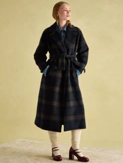 Joules Amberley Longline Wool Blend Coat with Belt Navy