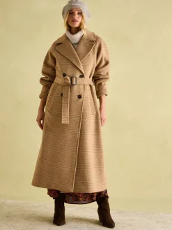 Joules Amberley Tan Brown Longline Wool Blend Coat with Belt TanBrown