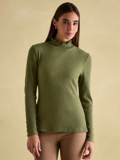 Clearance Joules Amy Ribbed Long Sleeve High Neck Jersey Top Green