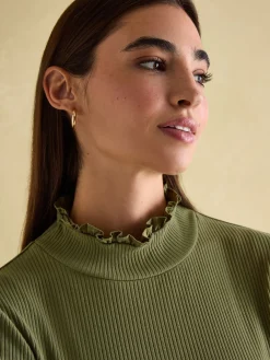 Clearance Joules Amy Ribbed Long Sleeve High Neck Jersey Top Green