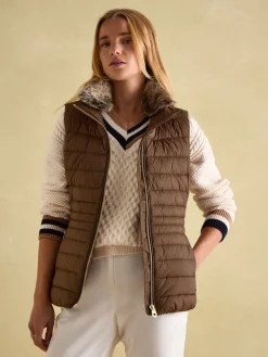 Outlet Joules Beckley Padded Showerproof Gilet With Detachable Faux Fur Collar Brown