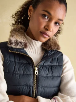 New Joules Beckley Padded Showerproof Gilet With Detachable Faux Fur Collar Navy