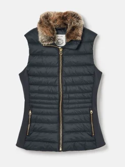 New Joules Beckley Padded Showerproof Gilet With Detachable Faux Fur Collar Navy