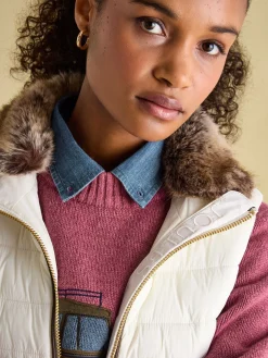 Online Joules Beckley Padded Showerproof Gilet With Detachable Faux Fur Collar White