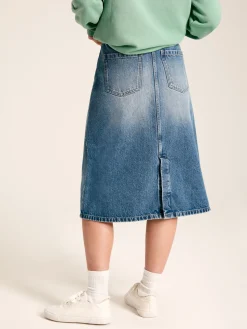 Joules Button Front Denim Midi Skirt Blue