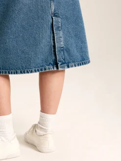 Joules Button Front Denim Midi Skirt Blue