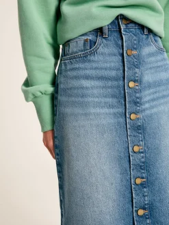 Joules Button Front Denim Midi Skirt Blue