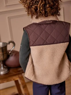New Joules Boys' Eddington Natural & Brown Colourblock Fleece Gilet Natural&Brown
