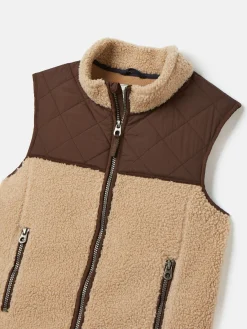 New Joules Boys' Eddington Natural & Brown Colourblock Fleece Gilet Natural&Brown