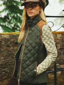 Best Joules Braemar Luxe Khaki Green Showerproof Diamond Quilted Gilet KhakiGreen