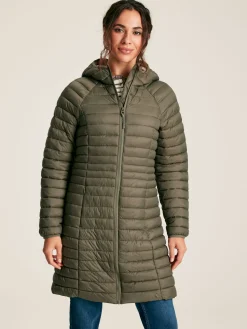 Best Joules Bramley Khaki Green Showerproof Long Packable Padded Coat KhakiGreen