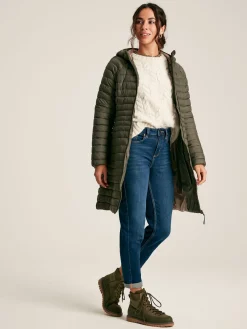 Best Joules Bramley Khaki Green Showerproof Long Packable Padded Coat KhakiGreen