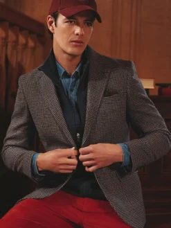 Discount Joules Slim Fit Dogtooth Texture Suit Jacket Brown