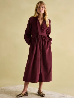 Joules Cara Cord Twisted Front Dress Burgundy