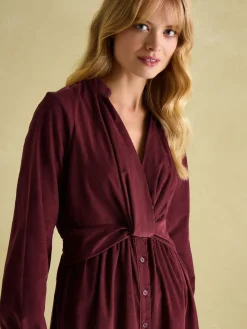 Joules Cara Cord Twisted Front Dress Burgundy