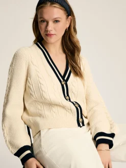 Sale Joules Centre Court Cream & Navy Button Through Cable Knit Cardigan Cream&Navy
