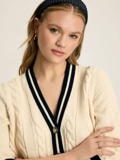 Sale Joules Centre Court Cream & Navy Button Through Cable Knit Cardigan Cream&Navy