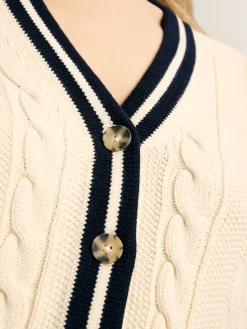 Sale Joules Centre Court Cream & Navy Button Through Cable Knit Cardigan Cream&Navy