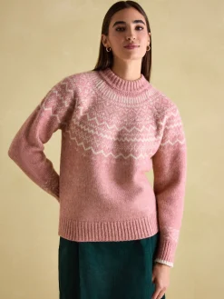 New Joules Charlotte Crew Neck Fair Isle Jumper Pink