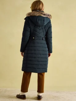 Clearance Joules Cherington Showerproof Longline Padded Coat with Faux Fur Hood Navy
