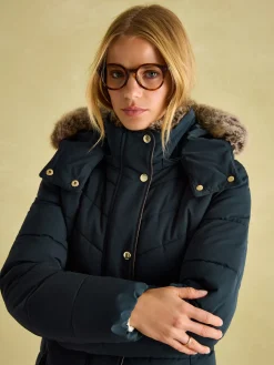 Clearance Joules Cherington Showerproof Longline Padded Coat with Faux Fur Hood Navy