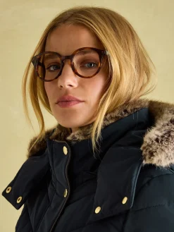 Clearance Joules Cherington Showerproof Longline Padded Coat with Faux Fur Hood Navy