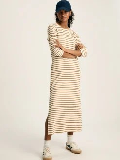 Online Joules Cleo Tan Brown Striped Long Sleeve Jersey Midi Dress TanBrownStriped