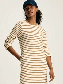 Online Joules Cleo Tan Brown Striped Long Sleeve Jersey Midi Dress TanBrownStriped