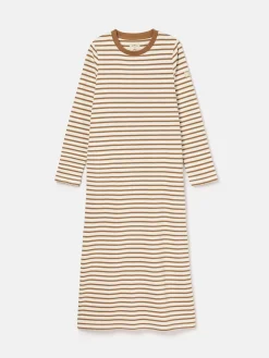 Online Joules Cleo Tan Brown Striped Long Sleeve Jersey Midi Dress TanBrownStriped