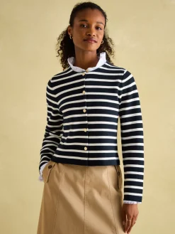 Best Joules Constance Navy & White Striped Cotton Cardigan Navy&White