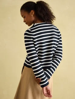 Best Joules Constance Navy & White Striped Cotton Cardigan Navy&White