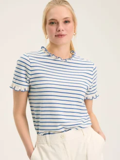 Outlet Joules Daisy Cream & Blue Short Sleeve Frilled Neck Top Cream&Blue