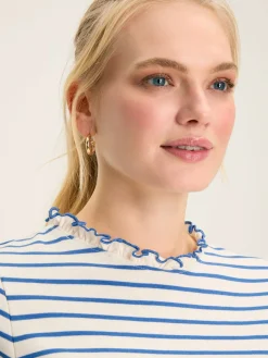 Outlet Joules Daisy Cream & Blue Short Sleeve Frilled Neck Top Cream&Blue