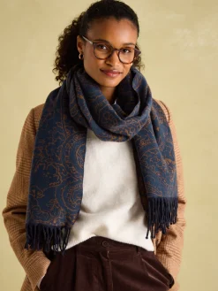 New Joules Elissa Navy & Camel Double-Sided Jacquard Scarf Navy&Camel