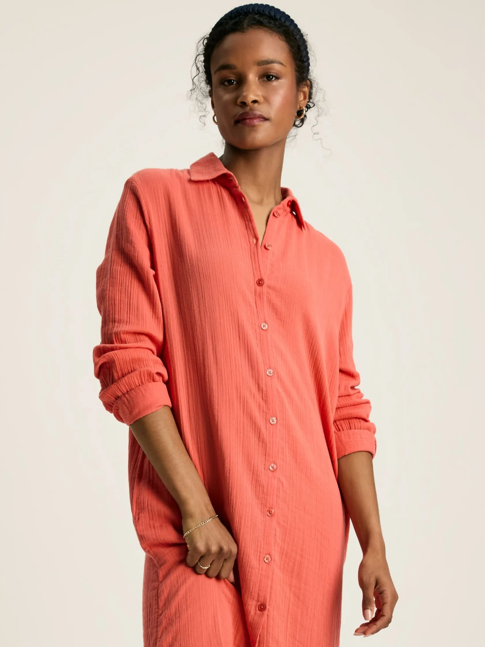 Sale Joules Erica Coral Pink Button Through Cotton Shirt Dress CoralPink