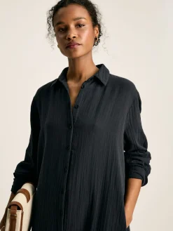 New Joules Erica Button Through Cotton Shirt Dress Navy