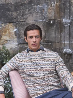 New Joules Fair Isle Crew Neck Jumper Contains Merino Wool Cream