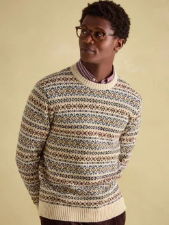 New Joules Fair Isle Crew Neck Jumper Contains Merino Wool Cream