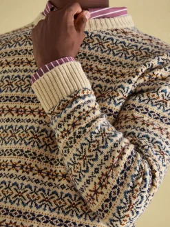 New Joules Fair Isle Crew Neck Jumper Contains Merino Wool Cream