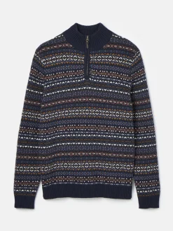 New Joules Fair Isle Quarter Zip Knit Jumper Contains Merino Wool Navy