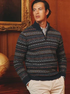 New Joules Fair Isle Quarter Zip Knit Jumper Contains Merino Wool Navy