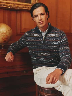 New Joules Fair Isle Quarter Zip Knit Jumper Contains Merino Wool Navy