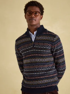 New Joules Fair Isle Quarter Zip Knit Jumper Contains Merino Wool Navy