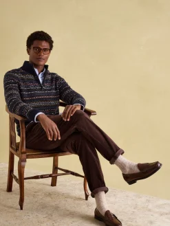 New Joules Fair Isle Quarter Zip Knit Jumper Contains Merino Wool Navy