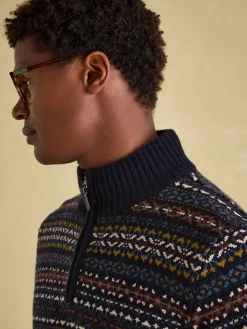 New Joules Fair Isle Quarter Zip Knit Jumper Contains Merino Wool Navy